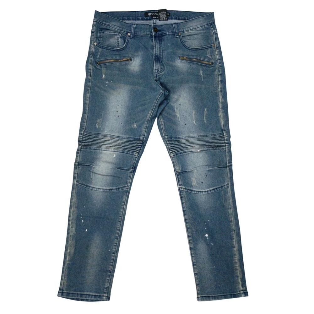 Rocawear Mens Slim Fit Distressed Paint Splatter Moto Biker Jeans